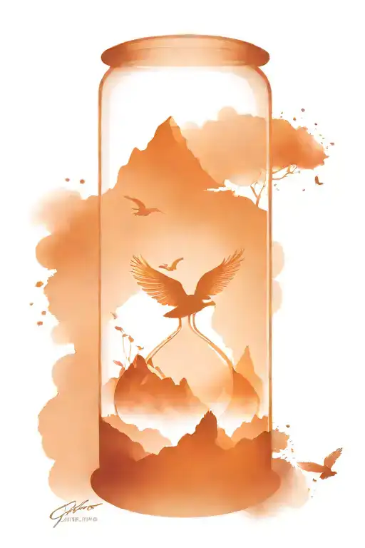 hour glass with mountains on bottom side and birds flying from top side tattoo design idea