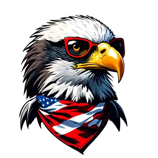 Bald Eagle wearing an American Flag bandana and red framed sunglasses with dark lenses. tattoo design idea
