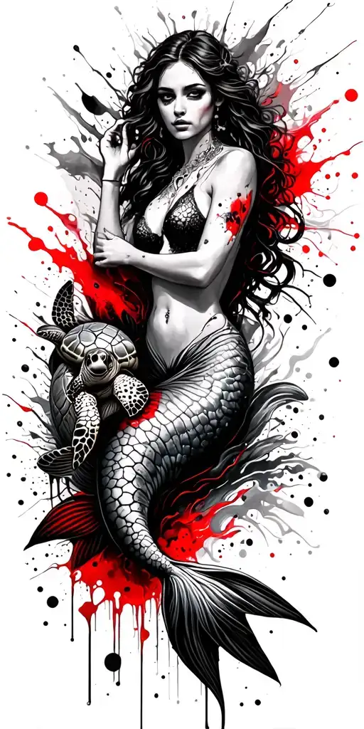 ocean with mermaids and sea turtle tattoo design idea