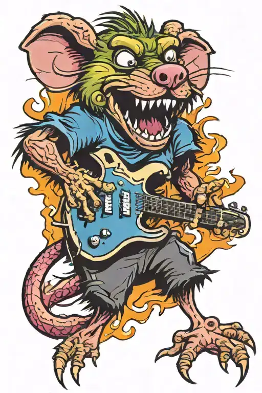 Angry Rat Fink playing pointy electric guitar tattoo design idea