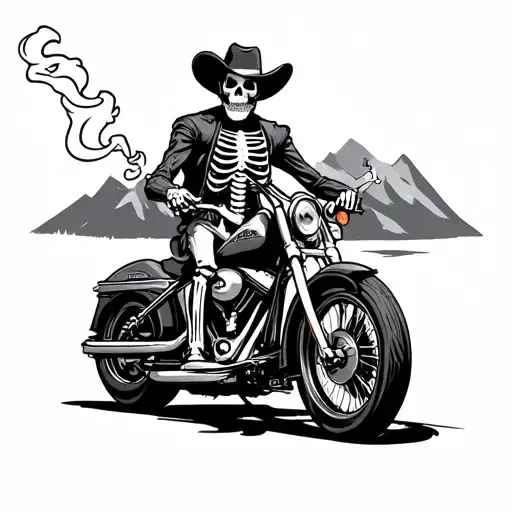 skeleton cowboy riding a Harley Davidson while smoking a cigarette tattoo design idea