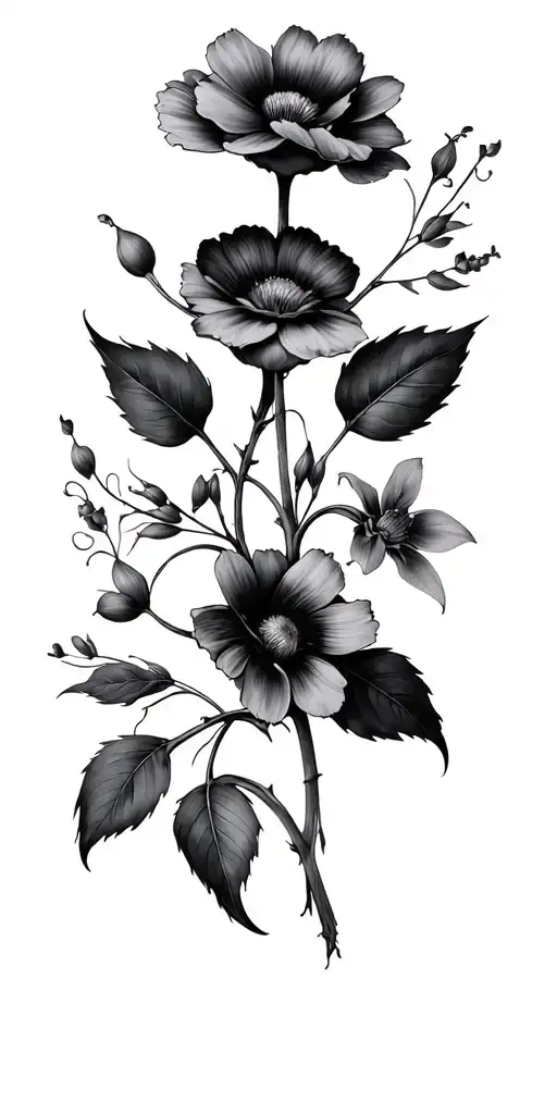 dead flowers intertwined with living flowers tattoo design idea