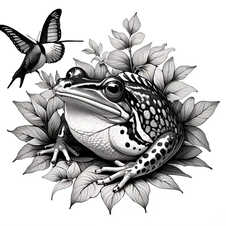 frog and fish a,nd  butterfly and hummingbird tattoo design idea