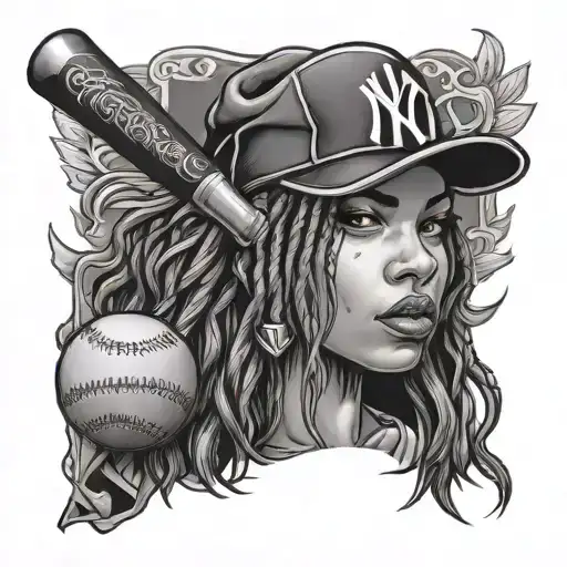 chicano tattoo face women with shoulder length dreads holding a baseball bat wear a yankees hat. Ace of spades  tattoo design idea