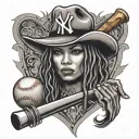 chicano tattoo face women with shoulder length dreads holding a baseball bat wear a yankees hat. Ace of spades  tattoo design idea