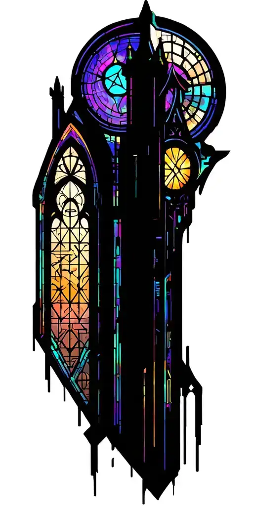 stain glass cathedral window with gothic architecture tattoo design idea