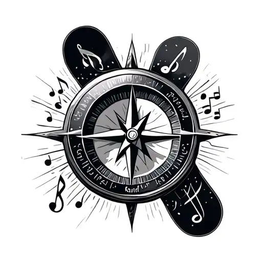 compass, music notes, snowboard tattoo design idea