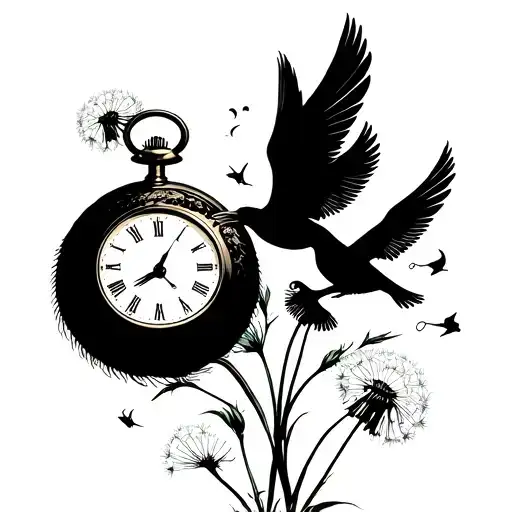 dandelion blowing in the wind, turning into birds, with a pocket watch behind it tattoo design idea