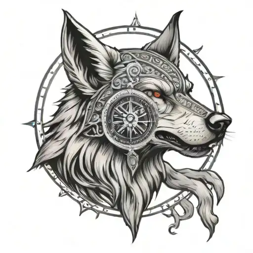 viking wolf head compass surrounded tattoo design idea