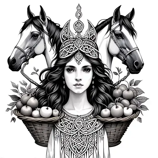 Celtic Goddess, Epona. surrounded by Horses and baskets of fruit tattoo design idea