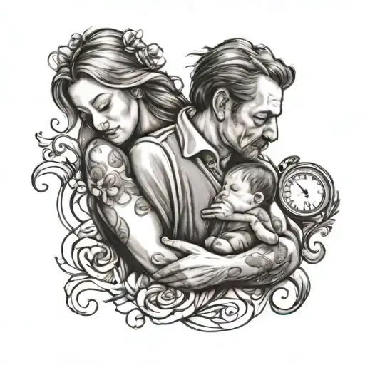 daughter holds fathers hands and nearby  the time of birth of the duaghter tattoo design idea