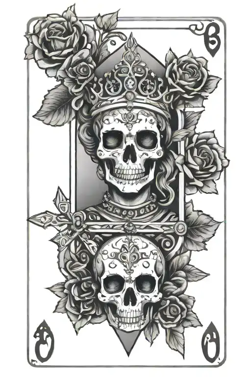 Queen of swords tarot card with skull face tattoo design idea