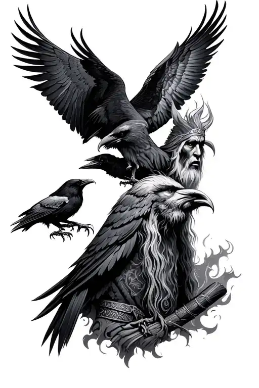 norse mythology odin and his ravens, lower leg sleeve tattoo design idea