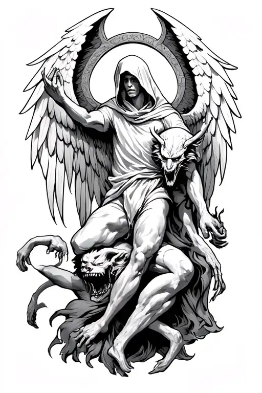 hooded arch angel defeating a demon tattoo design idea