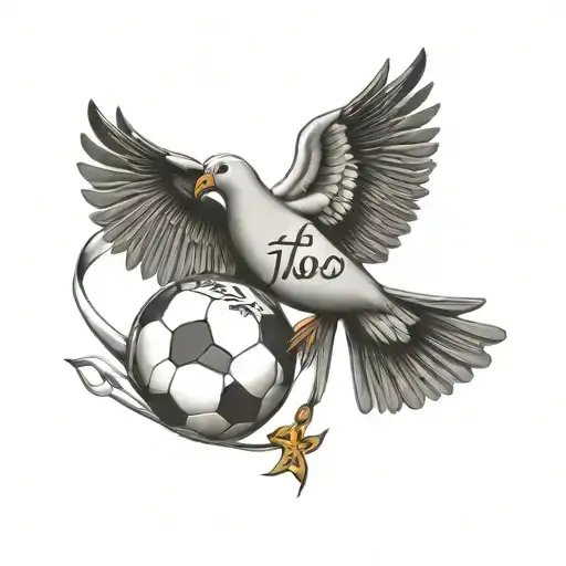 A unique tattoo design merging a football and a dove to represent peace and unity in sports, with the bible verse 'For where two or three gather in my name, there am I with them' woven into the design tattoo design idea