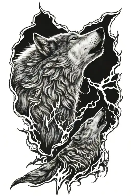 ice wolf and fire wolf howling tattoo design idea