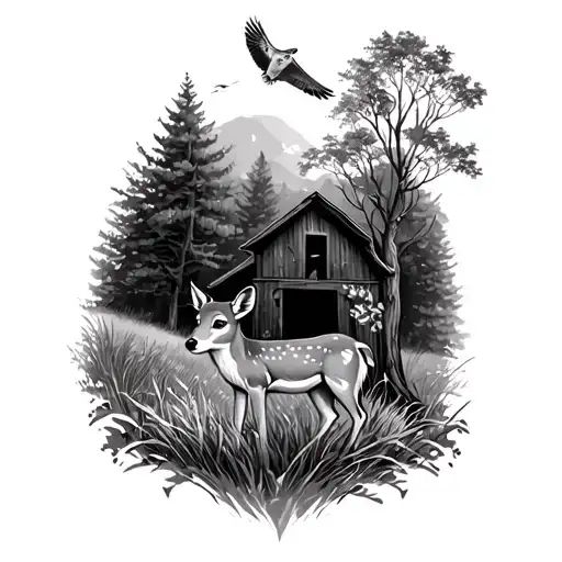 fawn nestled in the grass, a lone coyote lurking on the path behind the fawn, trees surrounding, a barn owl in the tree  tattoo design idea