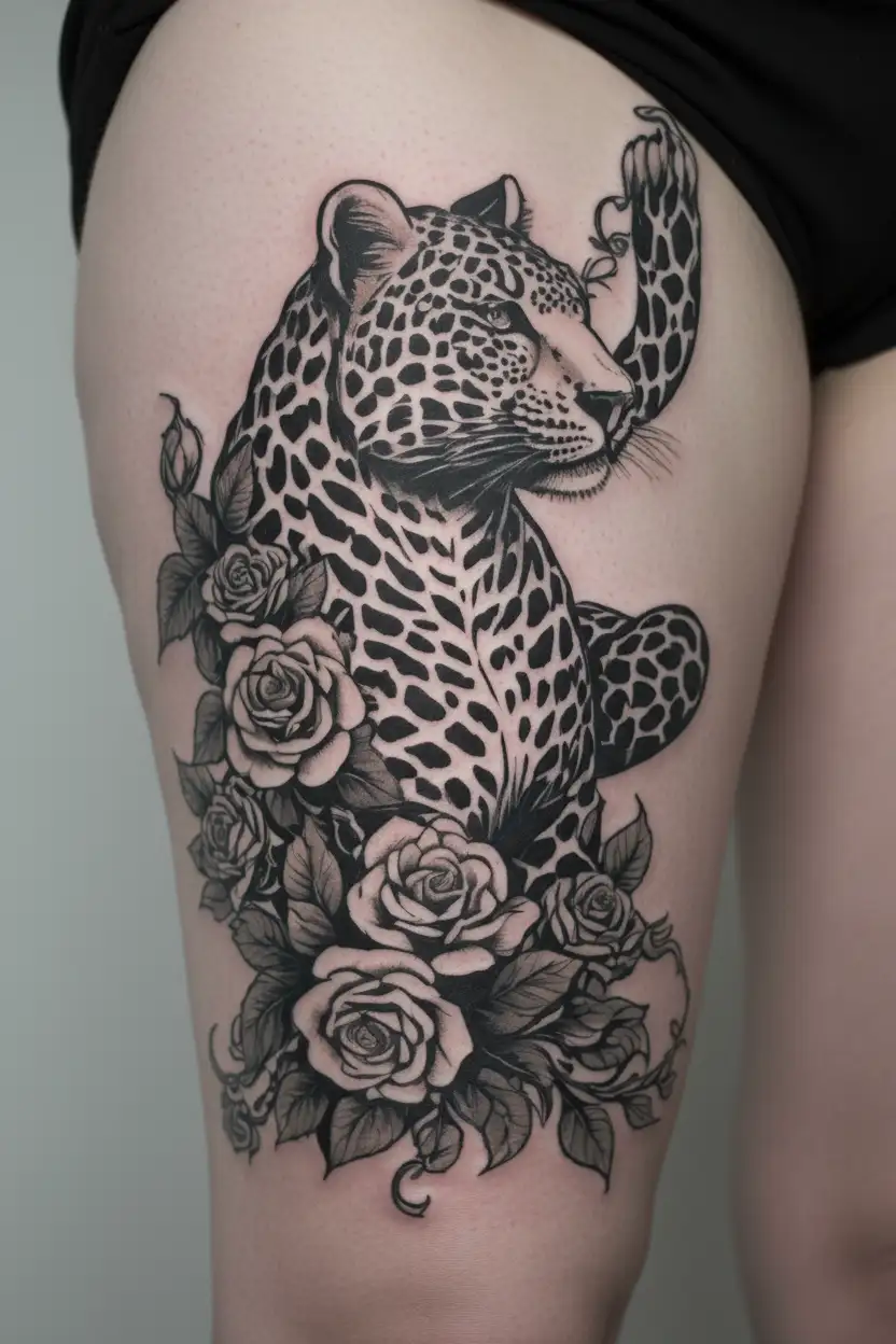 Create a traditional style tattoo of a leopard climbing a rose vine, representing the client's strength and resilience in their journey to sobriety tattoo design idea