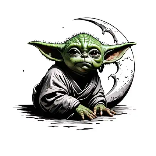 Baby Yoda moon surrounded tattoo design idea