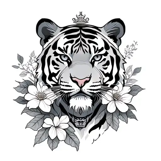 Tiger with flowers and chinese building tattoo design idea