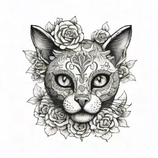 a sugar skull of a cat with a sugar skull surrounded by flowers tattoo design idea