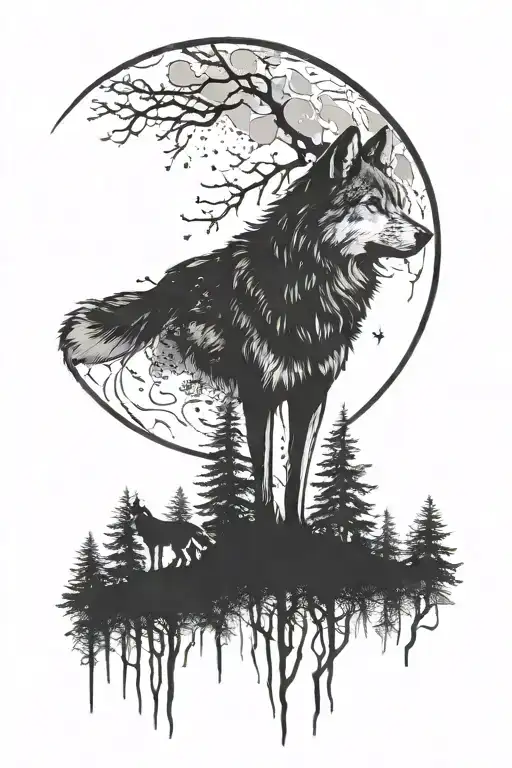 wolf and the forest moon tattoo design idea