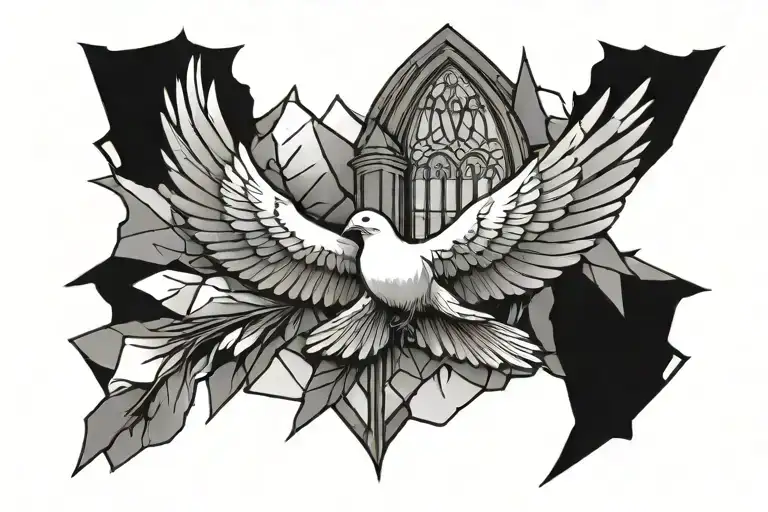 church glass shards with dove and praying hands holding tattoo design idea