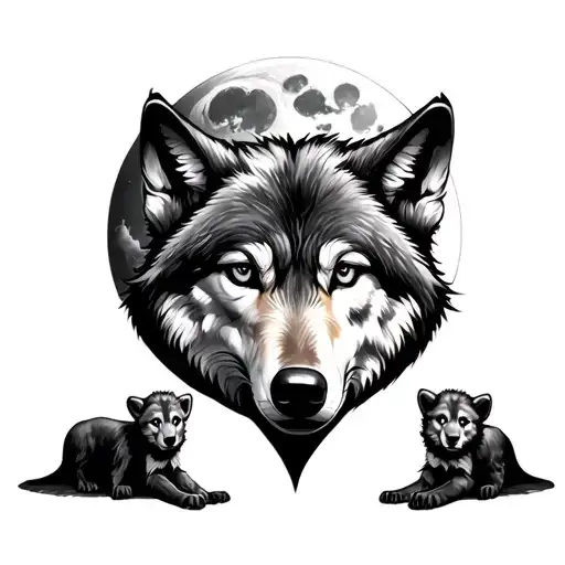 Wolf and 3 cubs full moon tattoo design idea