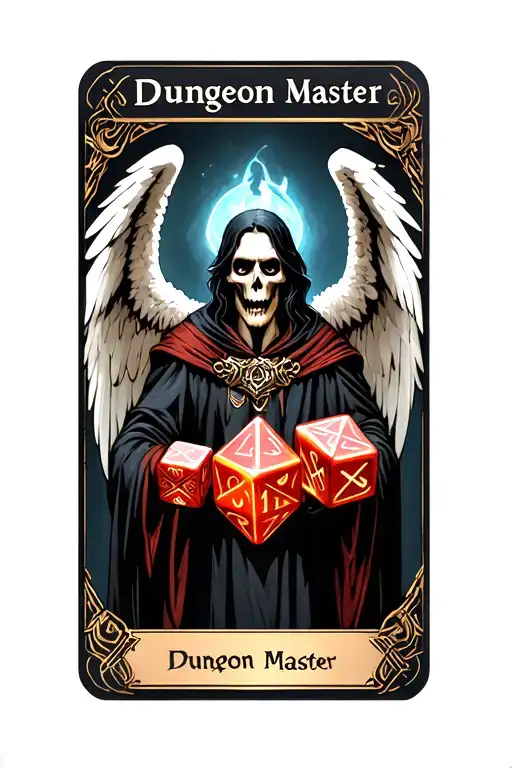 "Dungeon Master " "Dungeon Master " "Dungeon Master " "Dungeon Master " "Dungeon Master " pagan, tarot card, card face, D20 dice, Dungeon Master, fantasy, angel of death, Dungeons and dragons  tattoo design idea