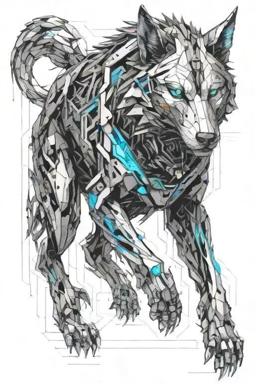 mechanical wolf running alongside tattoo design idea