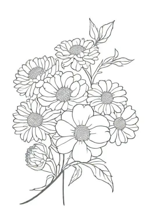 aster flower bouquet, chrysanthemums, carnation, daisy tattoo design idea