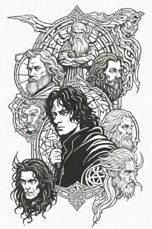 Small figures of Frodo, Gandalf, Aragorn, Legolas as black silietes, and in behind bigger had of Sauron and the ring tattoo design idea