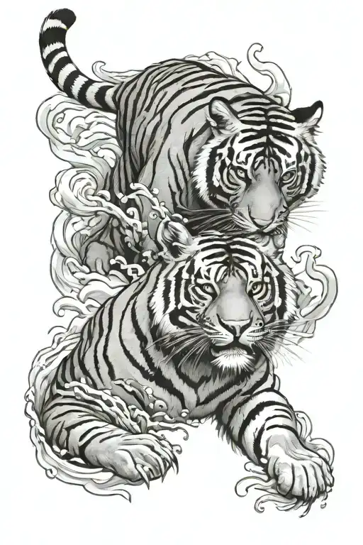 graceful tiger with water at bottom and clouds in background tattoo design idea