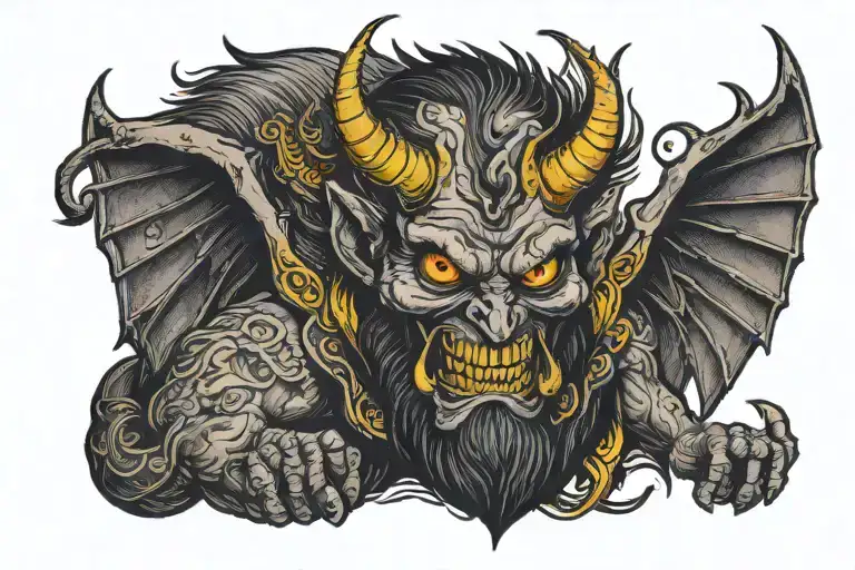  devil with spread wings and yellow eyes  tattoo design idea