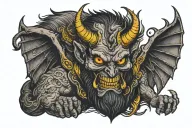  devil with spread wings and yellow eyes  tattoo design idea