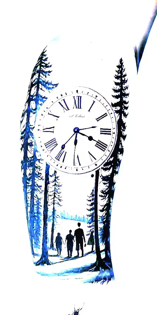 pine forest scene and family on golf course and ansel adams and clock tattoo design idea