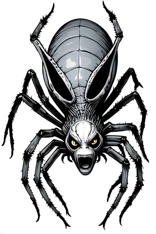 scary spider with a scary alien face in the body tattoo design idea