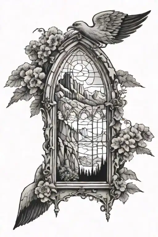 cathedral window to heaven in the mountains  tattoo design idea