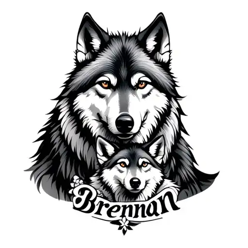 wolf mom and baby with 'Brennan' woven into the wolf's design. wolf mom protecting baby tattoo design idea