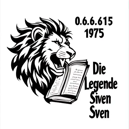 "06.06.1975 Die Legende Sven" roaring lion head profile holding a book tattoo design idea