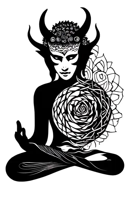 "Love " "Love " buda half meditating devil face emerging centrically tattoo design idea