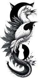 Japanese waves in the background,cat,phoenix feather blending with leaves,crescent moon,snake shredding skin,keyhole tattoo design idea