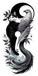 Japanese waves in the background,cat,phoenix feather blending with leaves,crescent moon,snake shredding skin,keyhole tattoo design idea