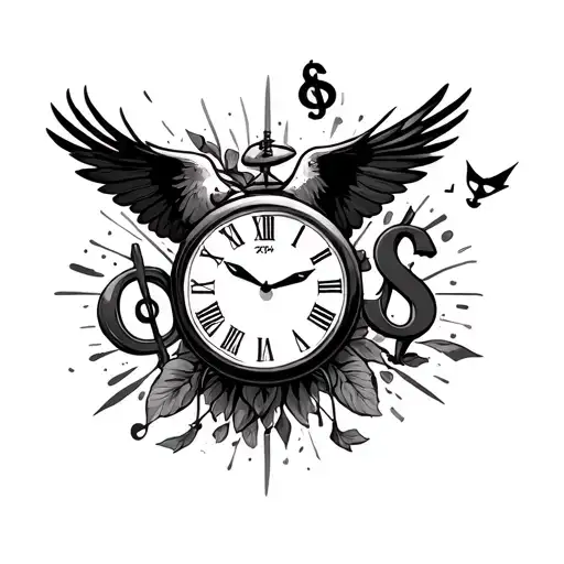 freedom, small bird flying,Big Clock and Dollar Sign , 1 love reach and 1 music sign tattoo design idea