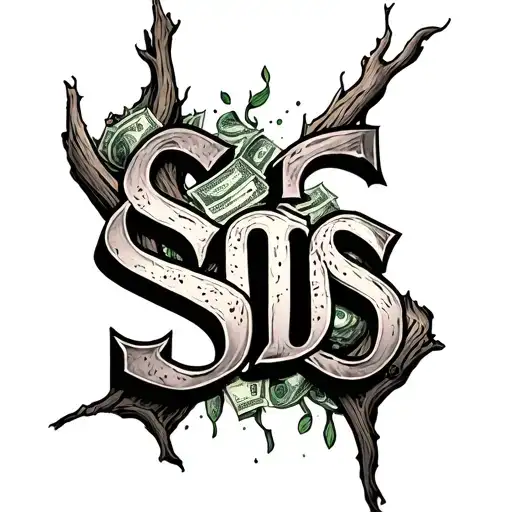 do a tattoo in a creepy font containing ,3L,sos,driftwood, money  tattoo design idea