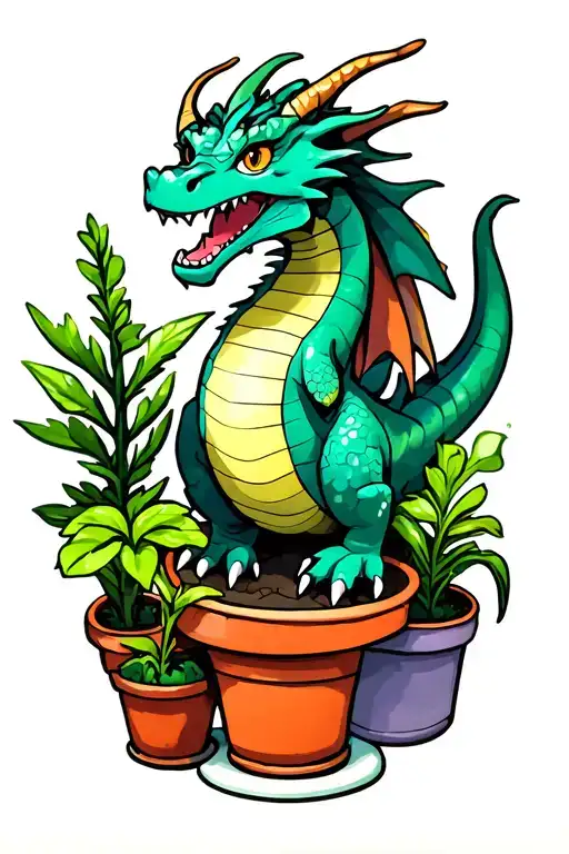 a small dragon, long and thin body, not threatening, around some  potted plants tattoo design idea