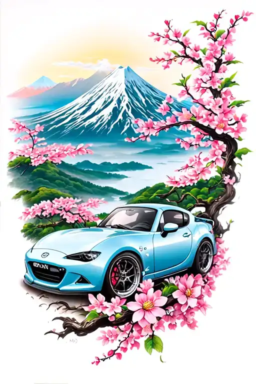 Tattoo sleeve with NA Miata with a mountain backround with Sakura flowers and wind filler tattoo design idea