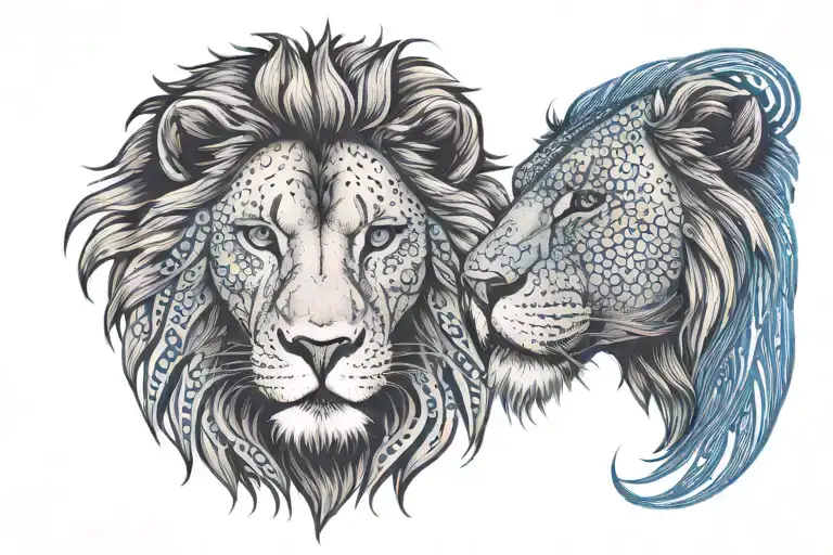 Lion with half face with blue eye. text LET THEM tattoo design idea