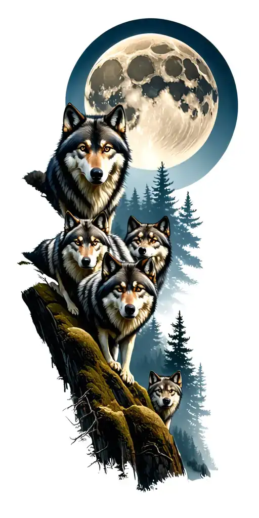 wolf pack on a hill under the moon in forest scene tattoo design idea