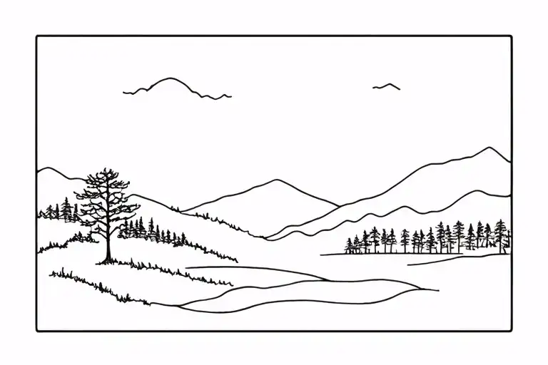 lake district hills, trees, lake line art tattoo tattoo design idea
